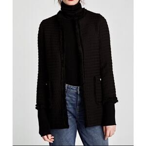 ZARA Tweed Boucle Fringe Trim Jacket Open Front Gold Button Pocket Blazer Black